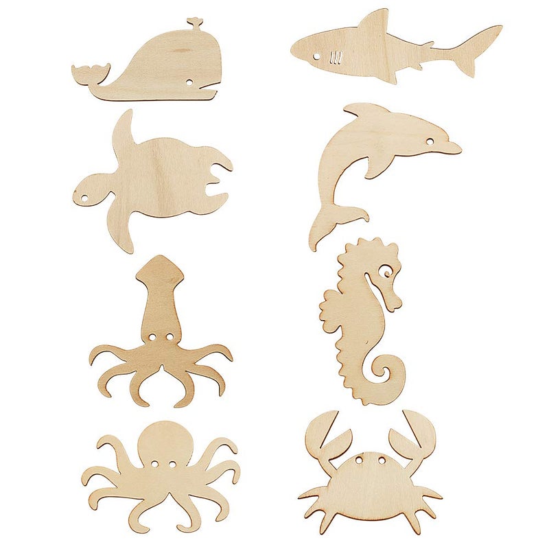 Newbested 48 Pack Unfinished Wooden Ocean Sea Animal Life Cutouts,Octopus,Shark,Whale,Dolphin,Turtle,Crab,Squid,Seahorse Shapes Model for Home Decor Ornament,DIY Craft Art Project(6 PCS/Shape) - Image 4